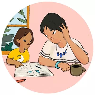 A speech therapist and young child reading a book together.